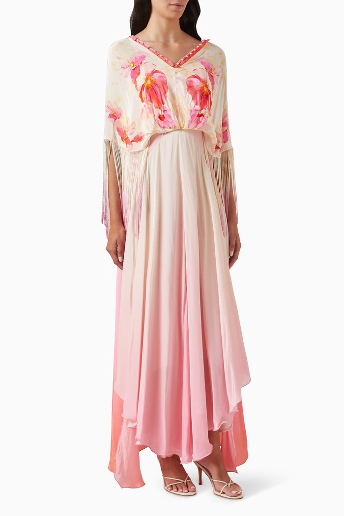 

Bauhinia Printed Fringed Ombre Maxi Dress in Viscose-crepe, Pink