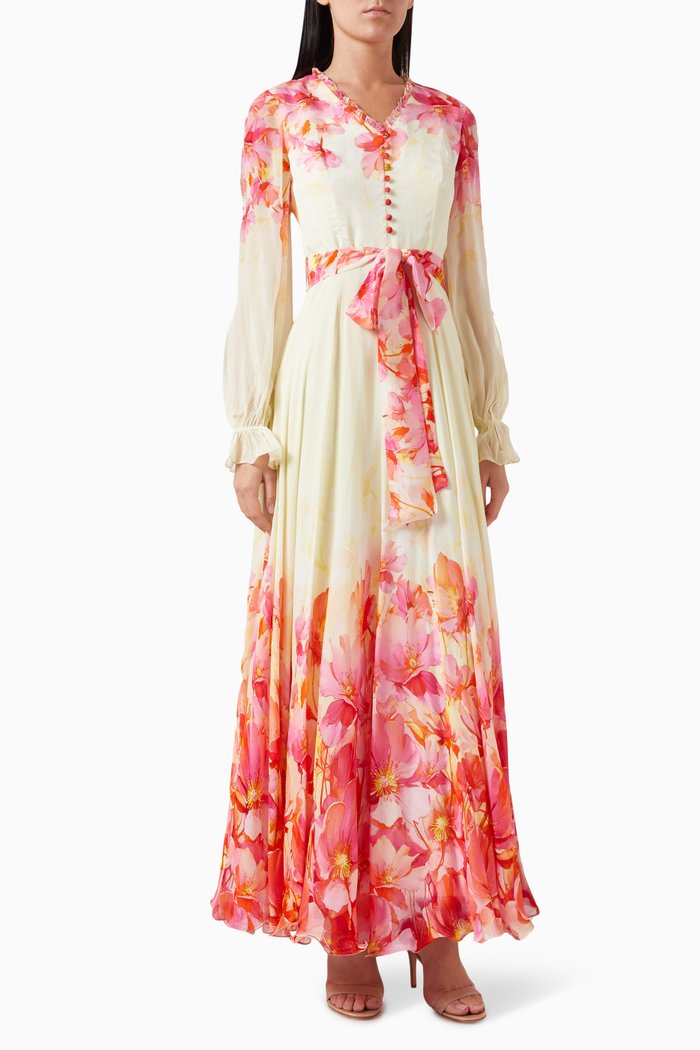 

Floral-print Belted Maxi Dress in Chiffon, Red