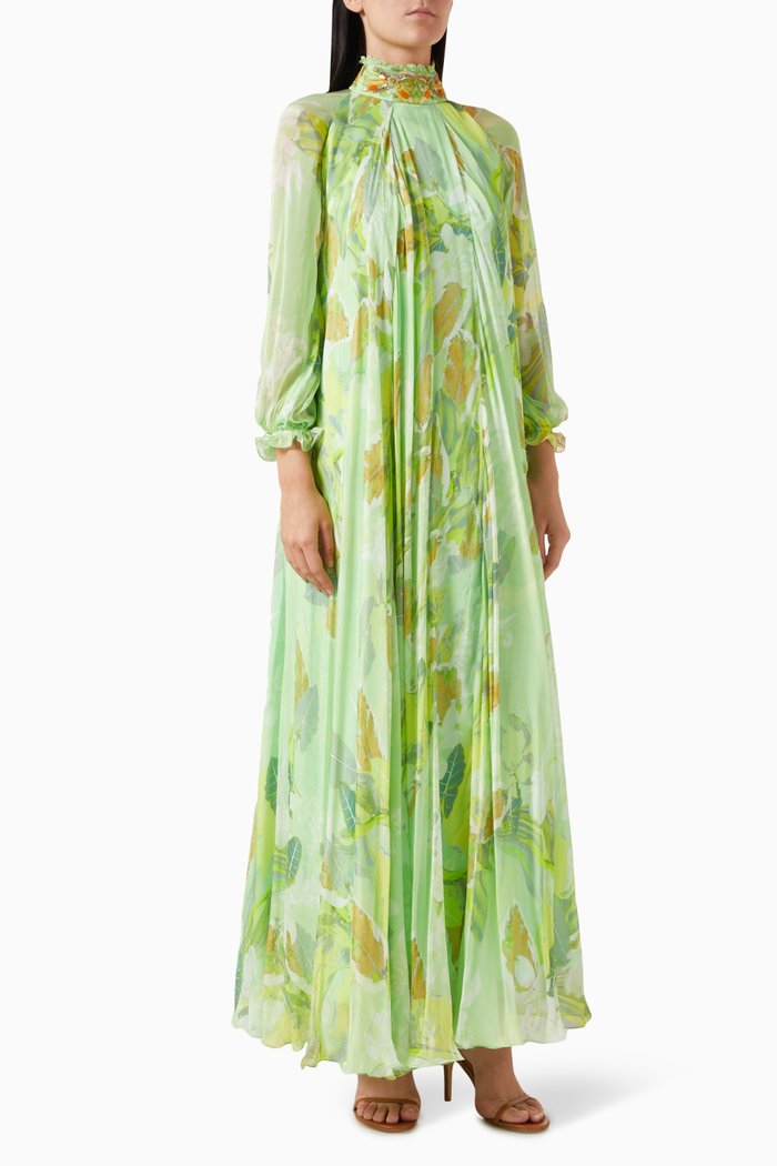 

Tie-up Floral Maxi Dress in Chiffon, Green
