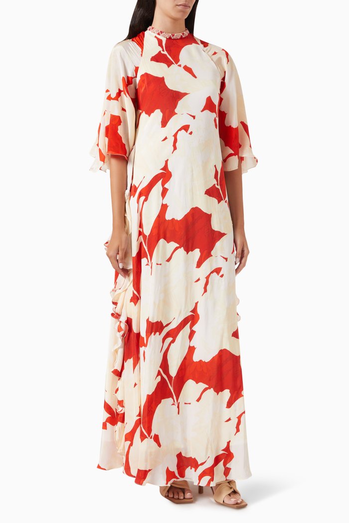 

Printed Frill Maxi Dress in Crepe, Red