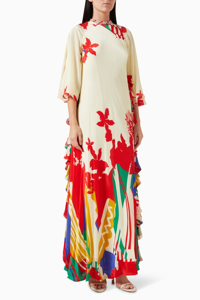 

Printed Frill Maxi Dress in Crepe, Red