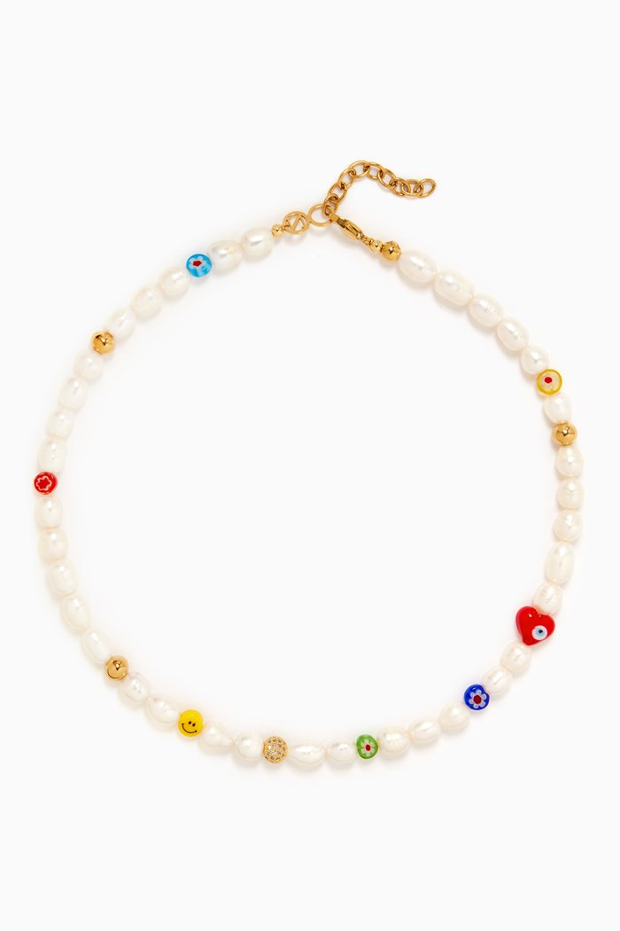 

Smiley Face Pearl & Assorted Beads Choker, White