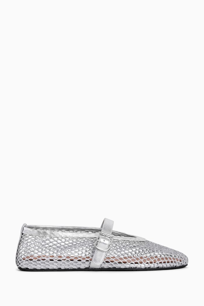 

Mary Jane Ballet Flats in Laminated Leather & Fishnet, Silver