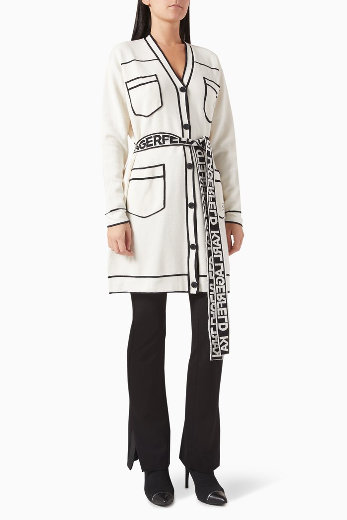 Logo Belted Cardigan in Cotton & Wool, White