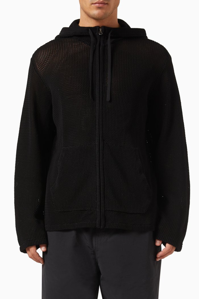 

Zip-up Hoodie in Mesh Knit, Black