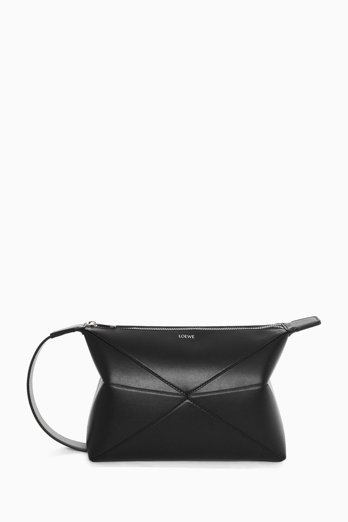 

Puzzle Fold Wash Bag in Shiny Calf Leather, Black