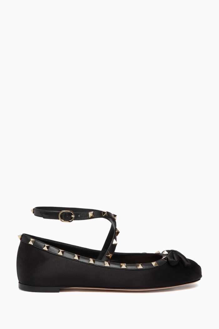 

Valentino Garavani Rockstud Ballet Flats in Satin, Black