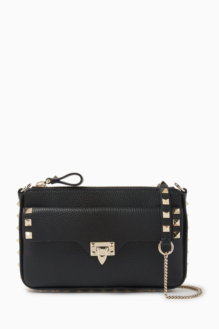 

Rockstud Chain Pouch in Grainy Leather, Black