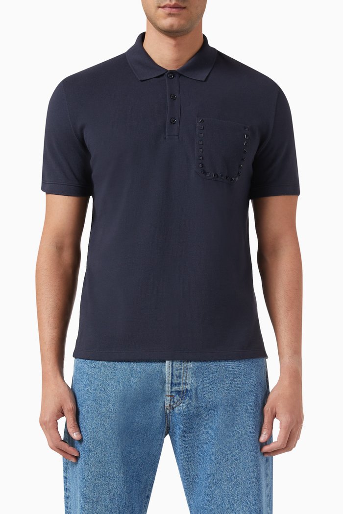 

Valentino Garavani Rockstud Untitled Polo Shirt in Cotton, Blue