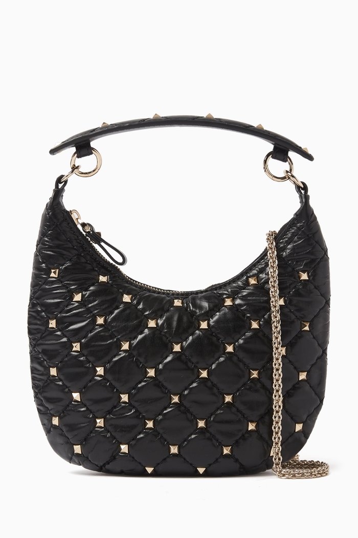 Valentino Garavani Mini Rockstud Spike Hobo Bag in Supple Leather, Black