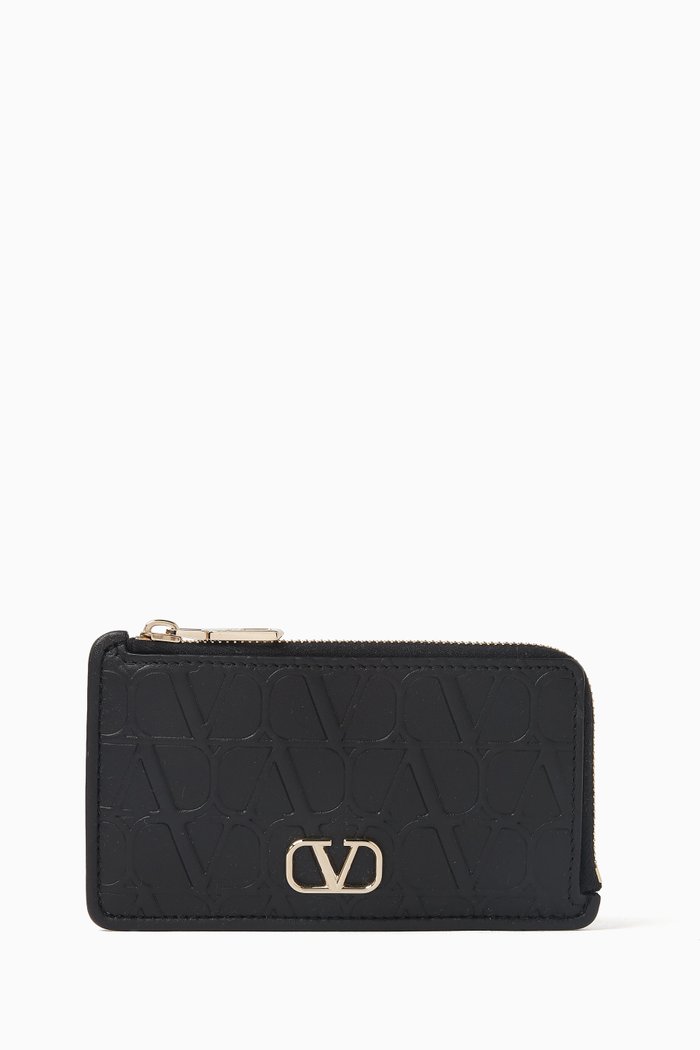 Valentino Garavani Toile Iconographe Zip Cardholder in Leather, Black