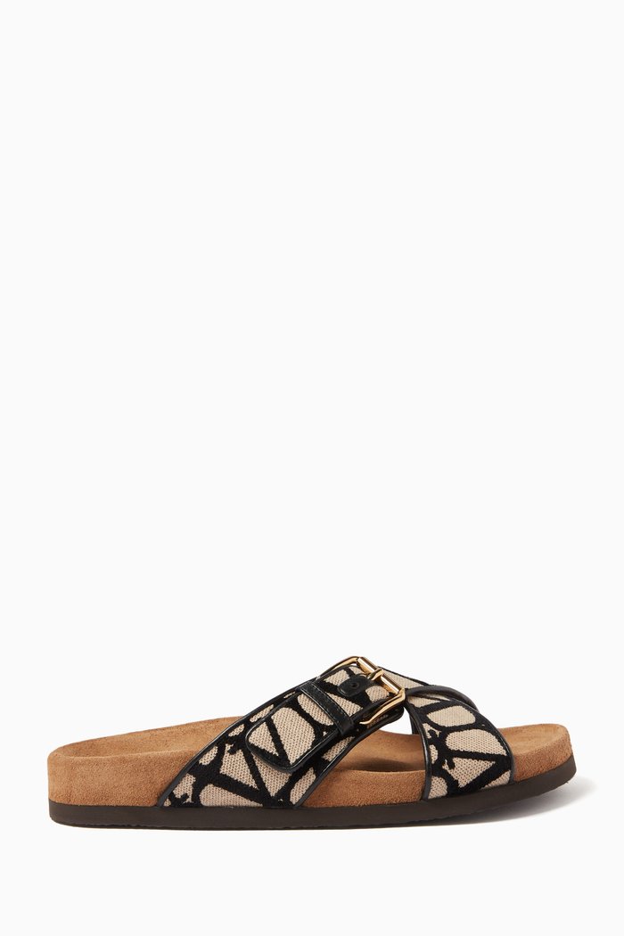 Valentino Garavani Fussfriend Slides in Toile Iconographe, Black