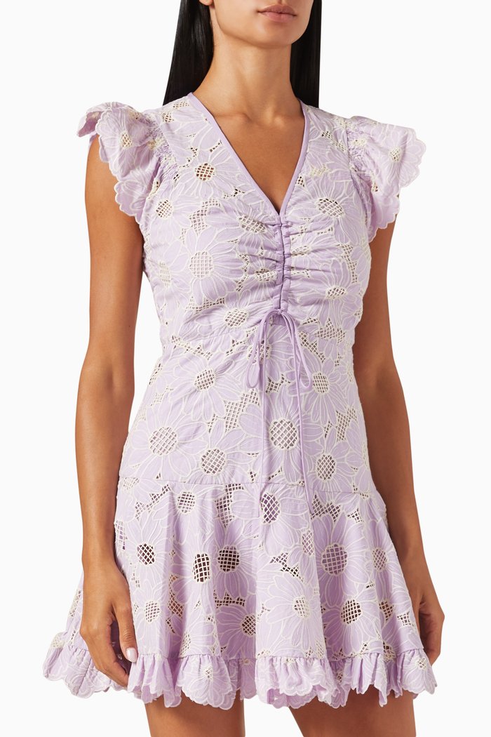 

Floral-embroidered Mini Dress in Lace Guipure, Purple