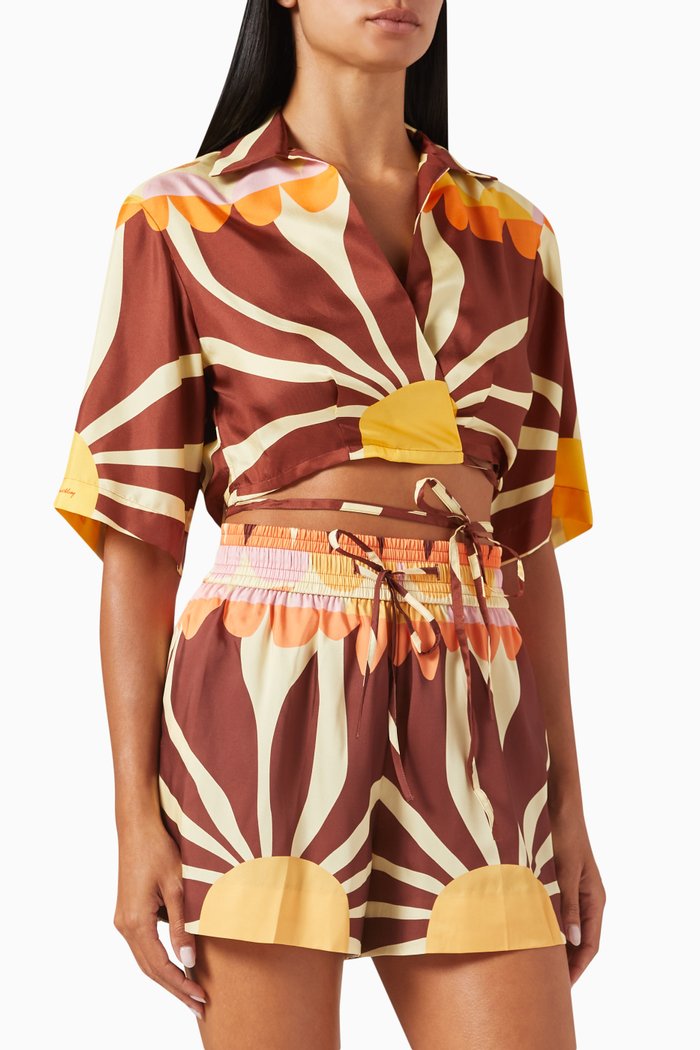 Assia Printed Cropped Shirt in Silk, Brown