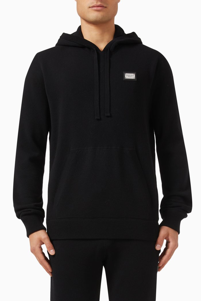 Logo Plaque Hoodie in Wool-knit, Black