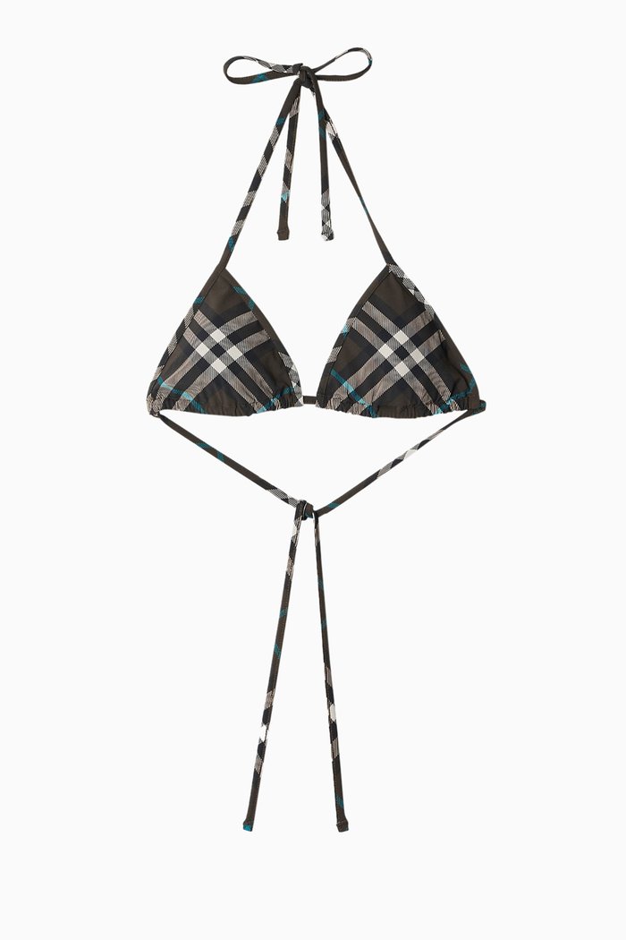Checked Triangle Bikini Top in Stretch Nylon, Grey