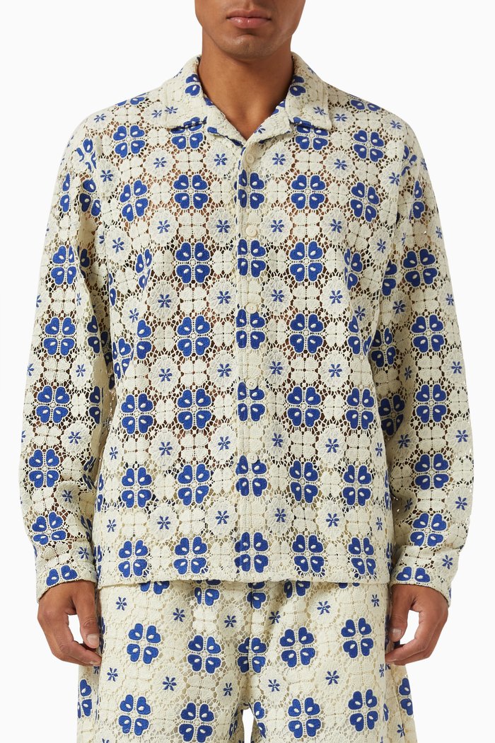 

Adonis Camp Collar Shirt in Cotton Lace, Multicolour