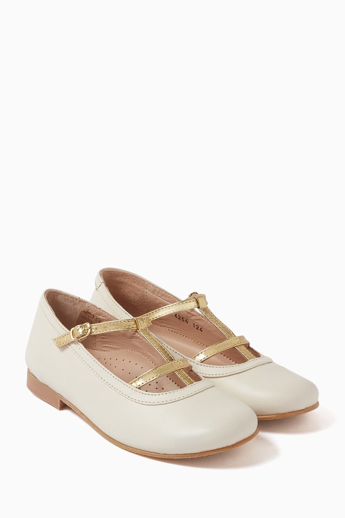 Olivia Double Strap Ballerinas in Leather, Gold