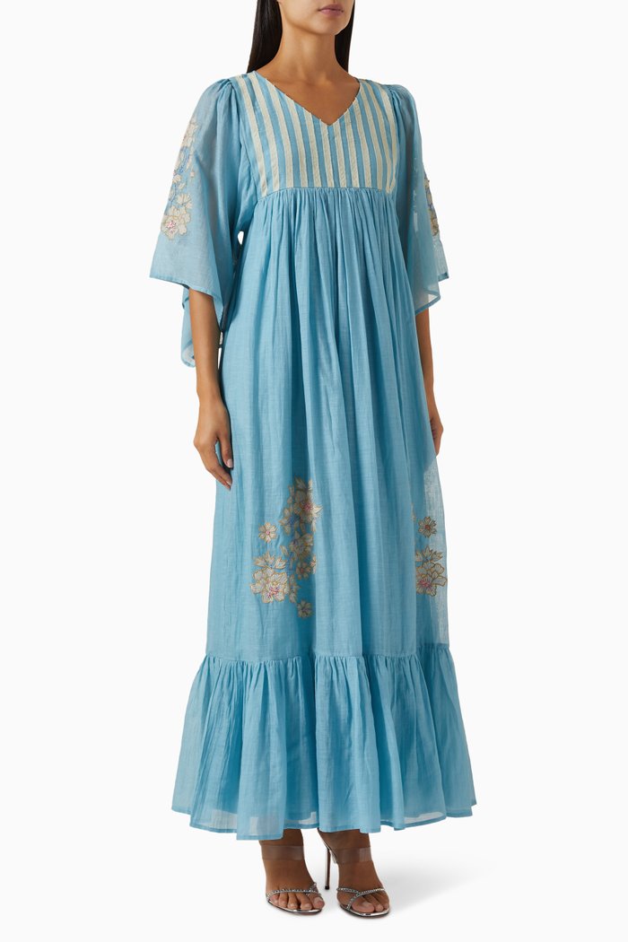 

Striped Floral Embroidery Midi Dress, Blue