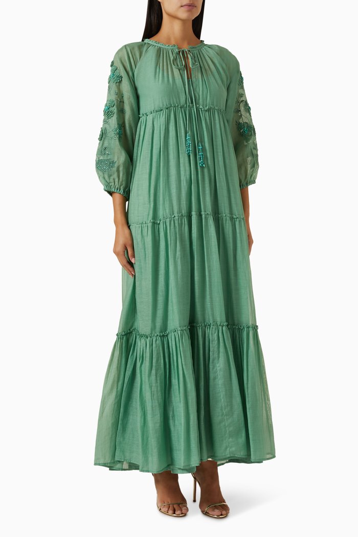 

Floral Embroidered Tiered Maxi Dress, Green