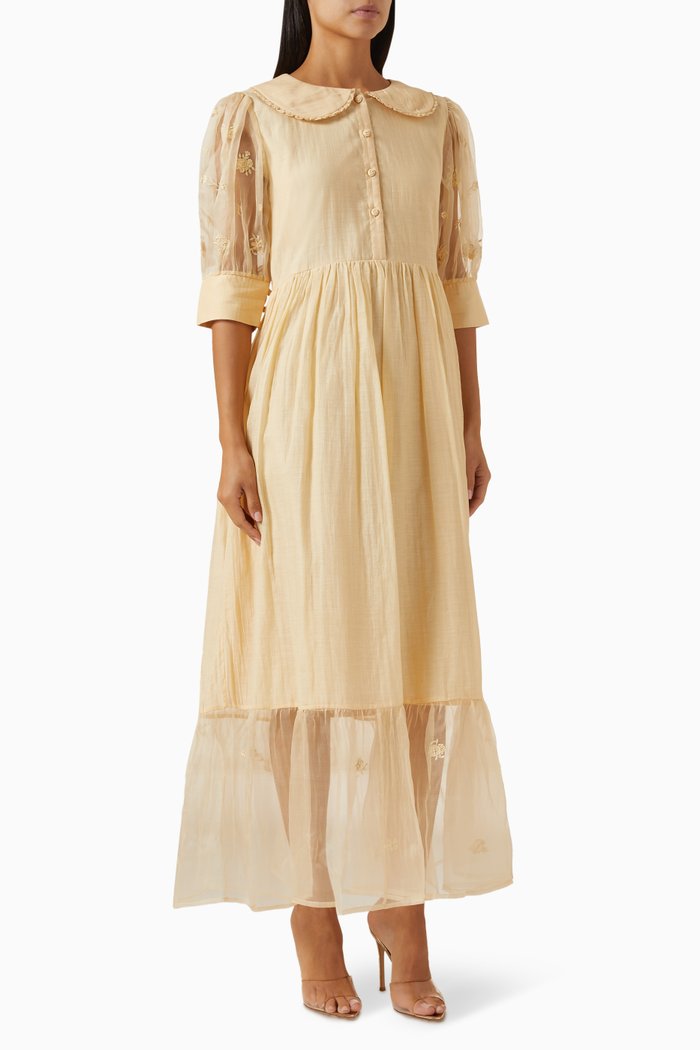 

3D Floral-appliqué Maxi Dress, Yellow