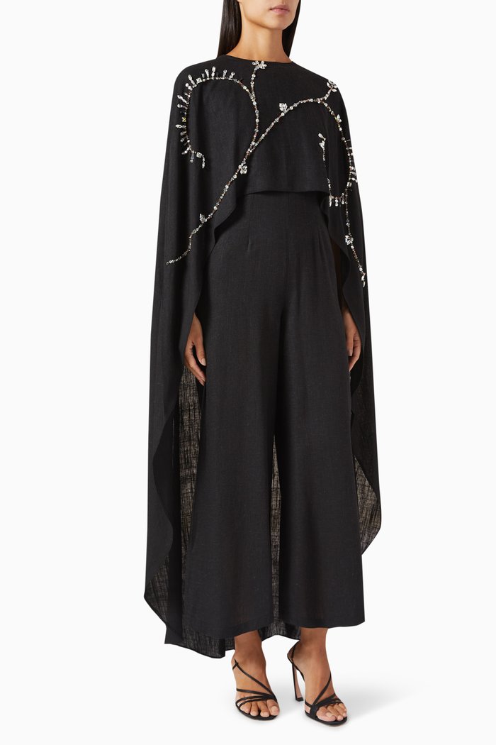 

Crystal-embellished Jumpsuit & Cape Set in Linen, Black
