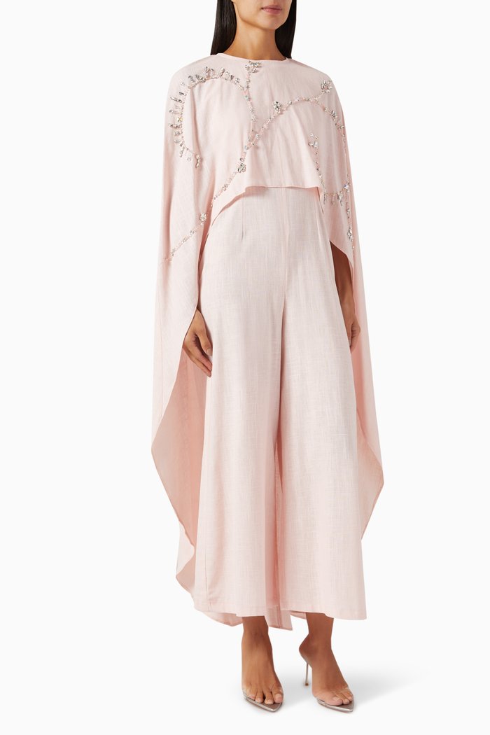 

Crystal-embellished Jumpsuit & Cape Set in Linen, Pink