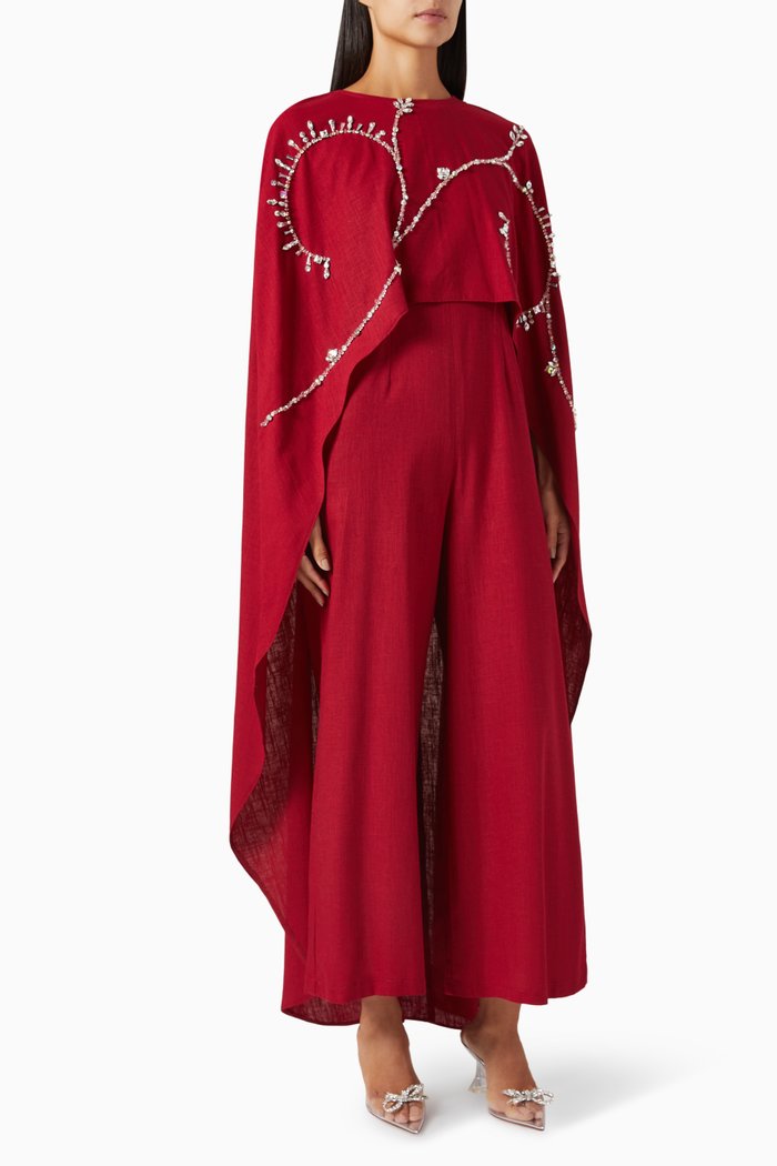 

Crystal-embellished Jumpsuit & Cape Set in Linen, Red