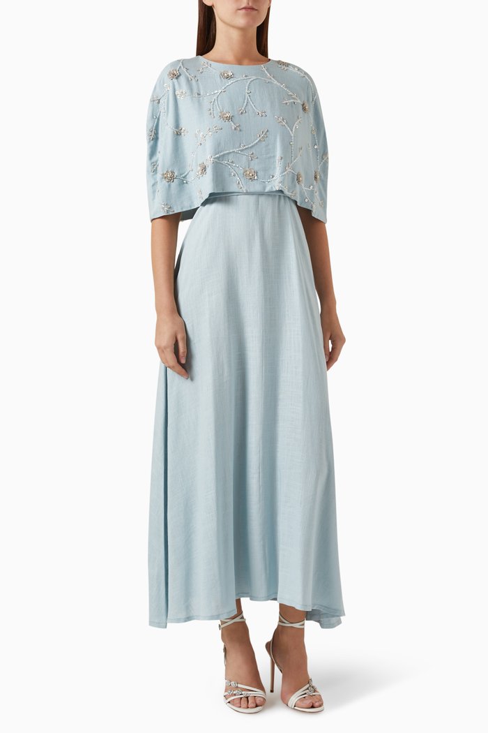 

Crystal-embellished Dress & Cape Set in Linen, Blue