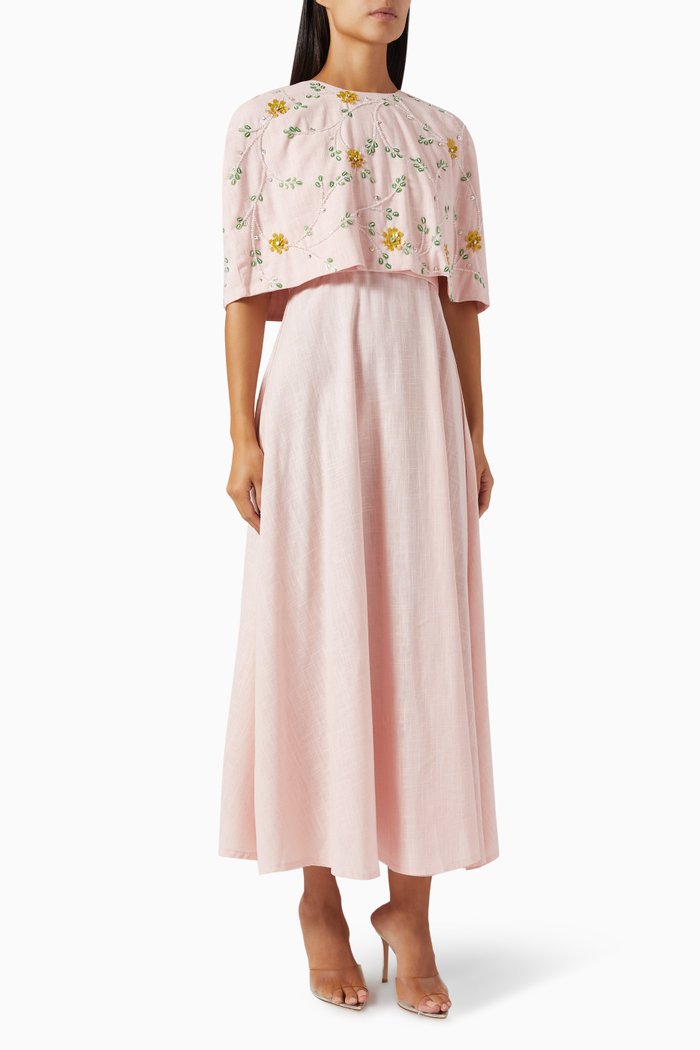 

Crystal-embellished Dress & Cape Set in Linen, Pink