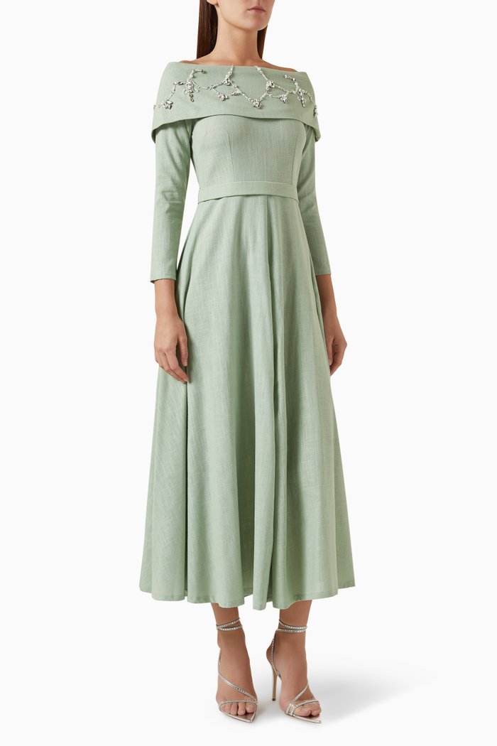 

Crystal-embellished Off-shoulder Maxi Dress in Linen, Green