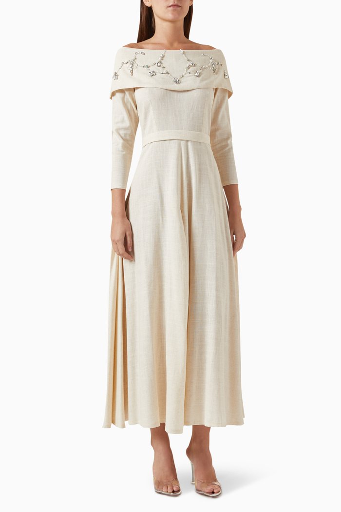 

Crystal-embellished Off-shoulder Maxi Dress in Linen, Neutral