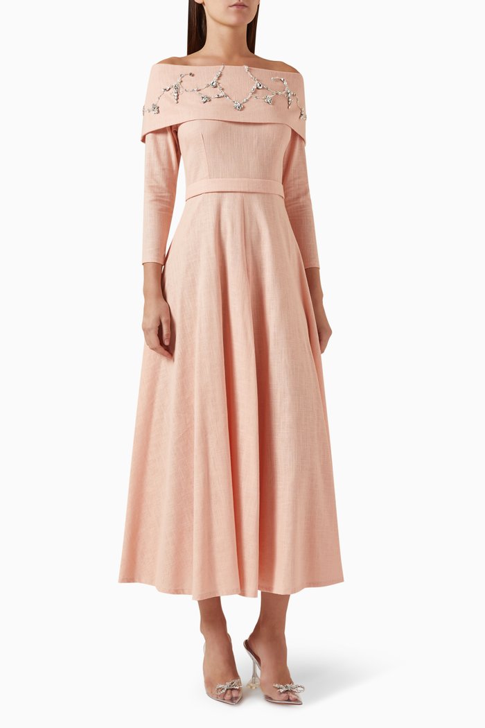 

Crystal-embellished Off-shoulder Maxi Dress in Linen, Orange