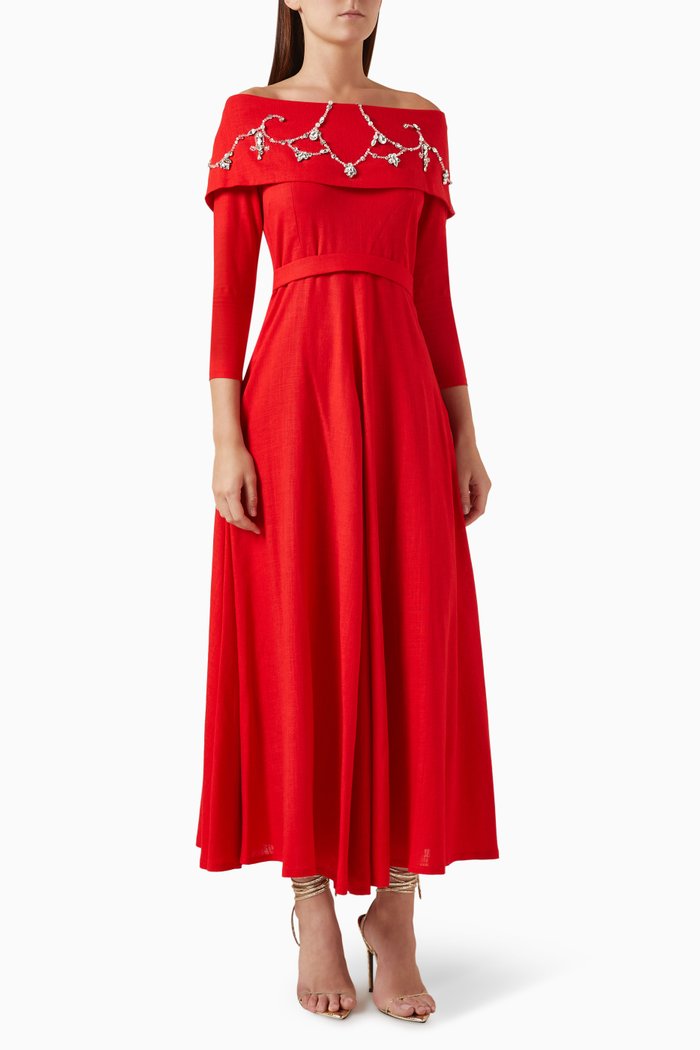 

Crystal-embellished Off-shoulder Maxi Dress in Linen, Red