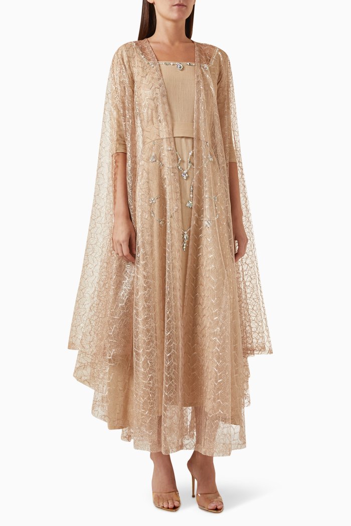

Crystal-embellished Dress & Cape Set in Linen & Tulle, Neutral