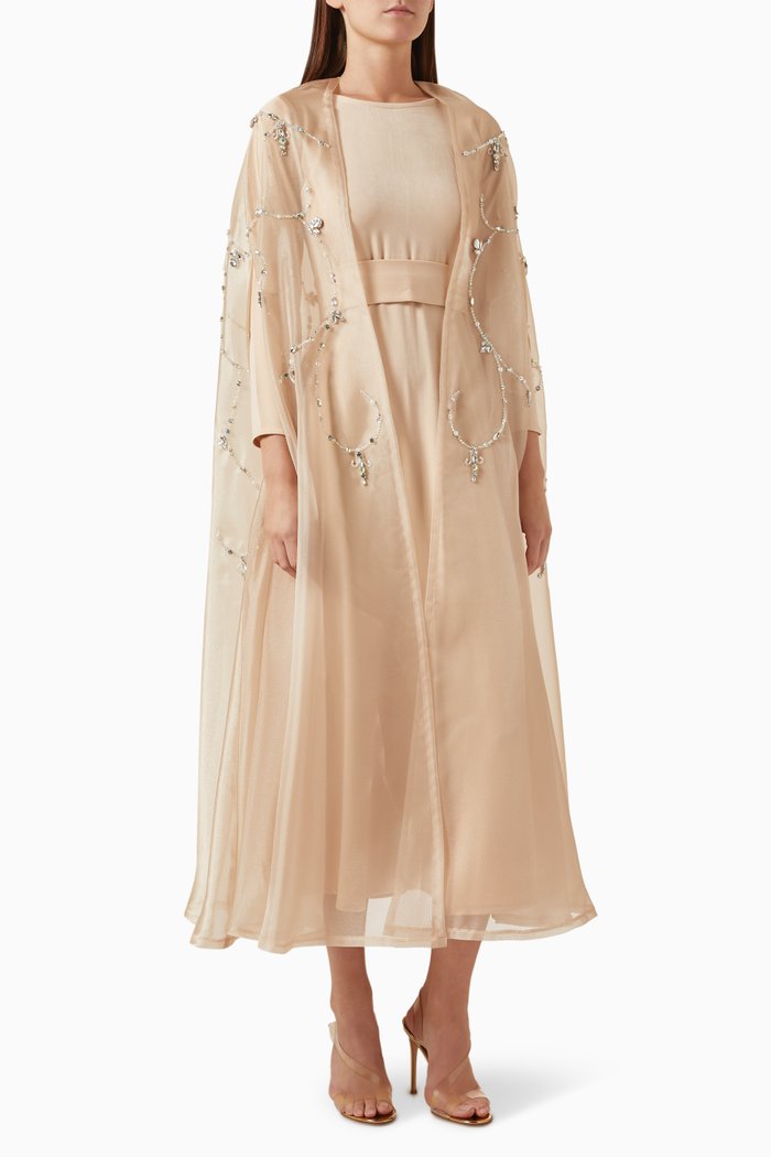 

Crystal-embellished Cape & Dress Set in Crepe & Organza, Neutral