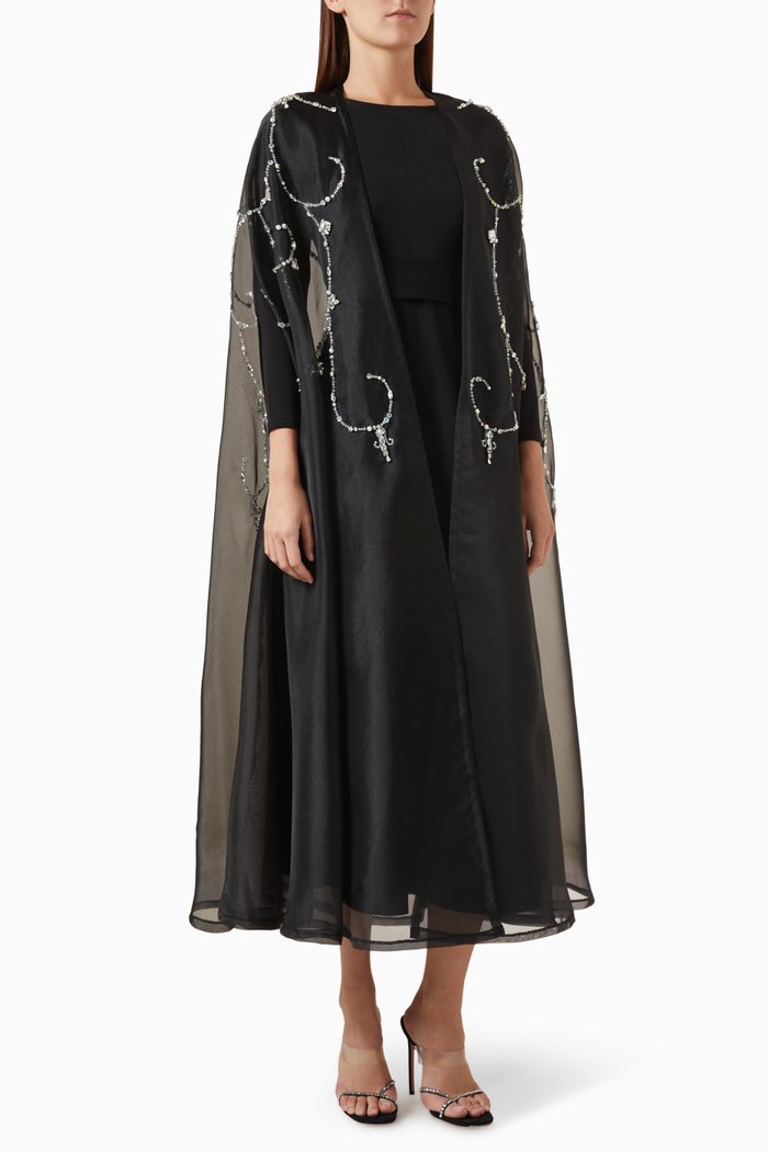 

Crystal-embellished Cape & Dress Set in Crepe & Organza, Black