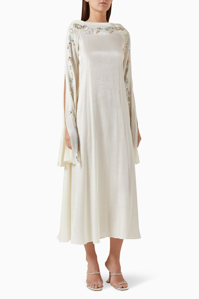 Crystal-embellished Midi Dress in Satin, White
