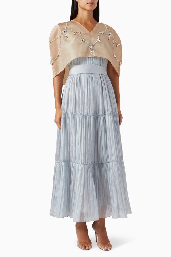 

Embellished Cape & Pleated Dress Set in Organza & Chiffon, Blue