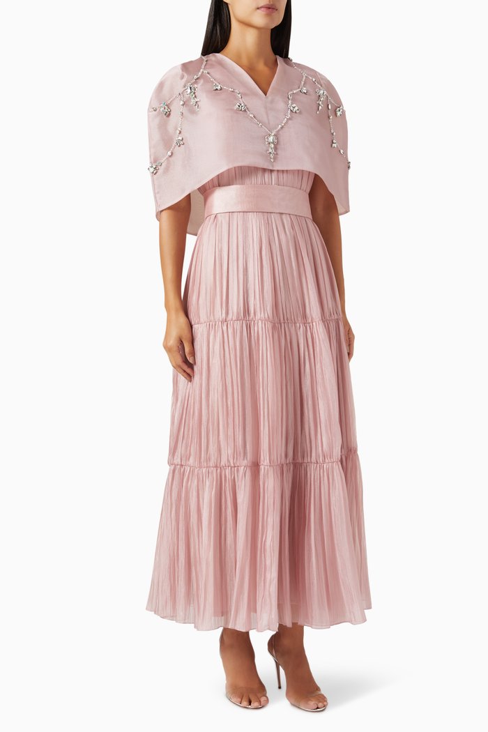 

Embellished Cape & Pleated Dress Set in Organza & Chiffon, Pink