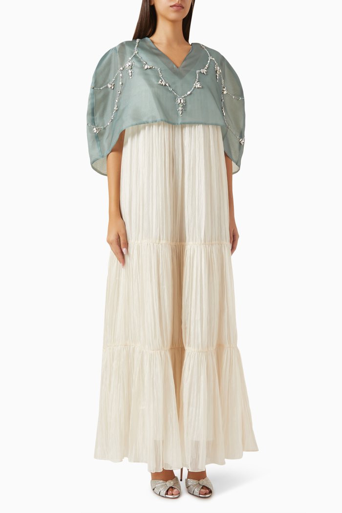 

Embellished Cape & Pleated Dress Set in Organza & Chiffon, Multicolour