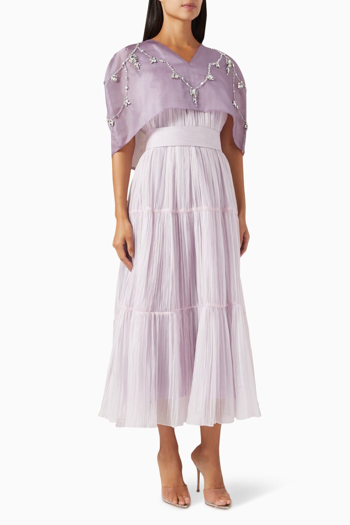 

Embellished Cape & Pleated Dress Set in Organza & Chiffon, Purple