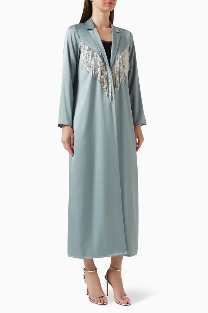 

Bead-embellished Fringe Abaya in Satin, Blue