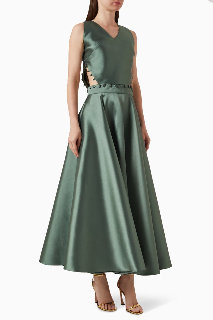

V-neck Button-trim Gown in Mikado, Green
