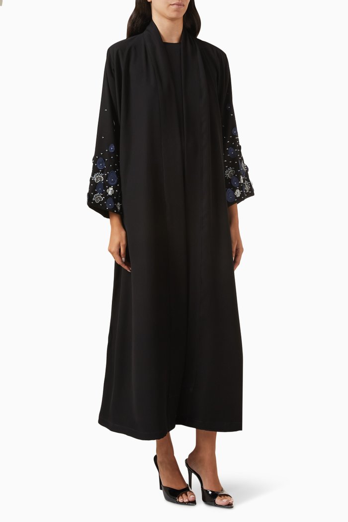 

Noir Blossom Bead-embellished Abaya in Crepe, Black