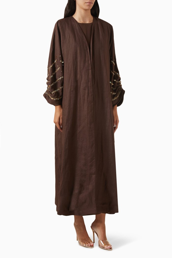 

Cocoa Sparkle Embellished Abaya in Linen, Brown