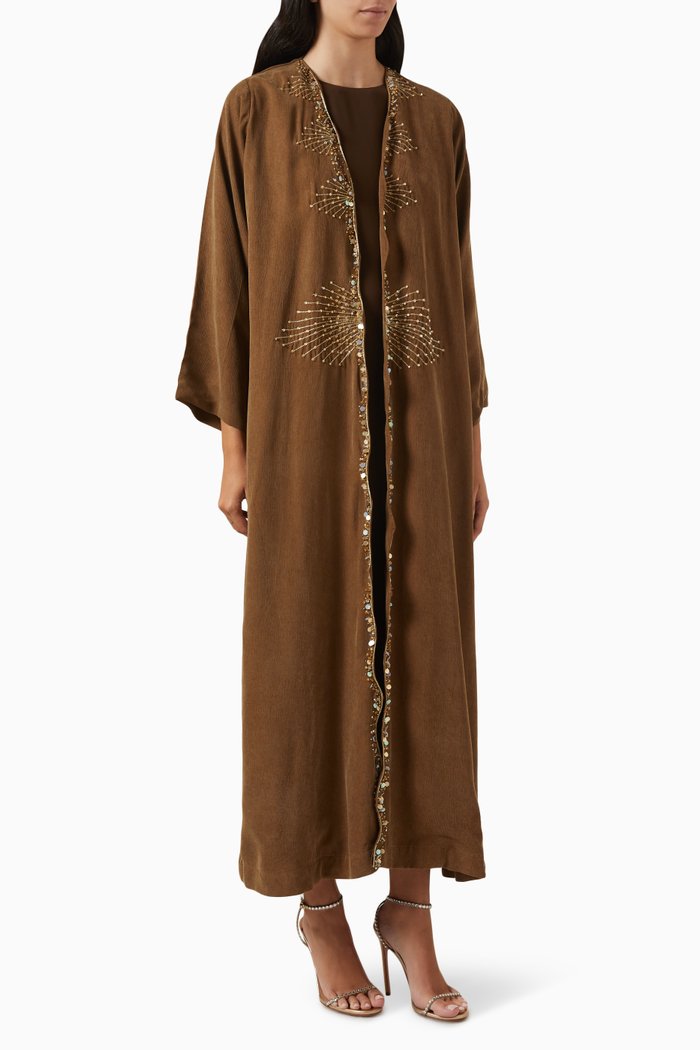

Cinnamon Serenity Embellished Abaya in Silk, Brown
