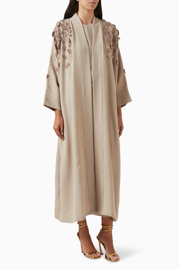 

Ivory Petal 3D Embellished Abaya in Crepe, Neutral