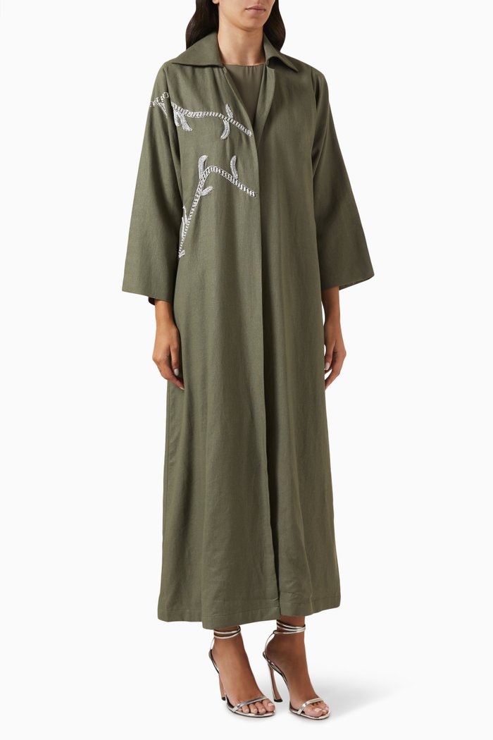

Jade Blossom Embellished Abaya in Linen, Green