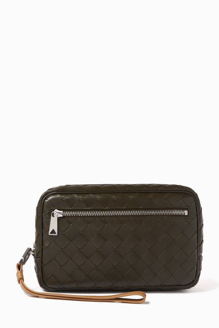 

Small Wristlet Pouch in Intrecciato Leather, Green